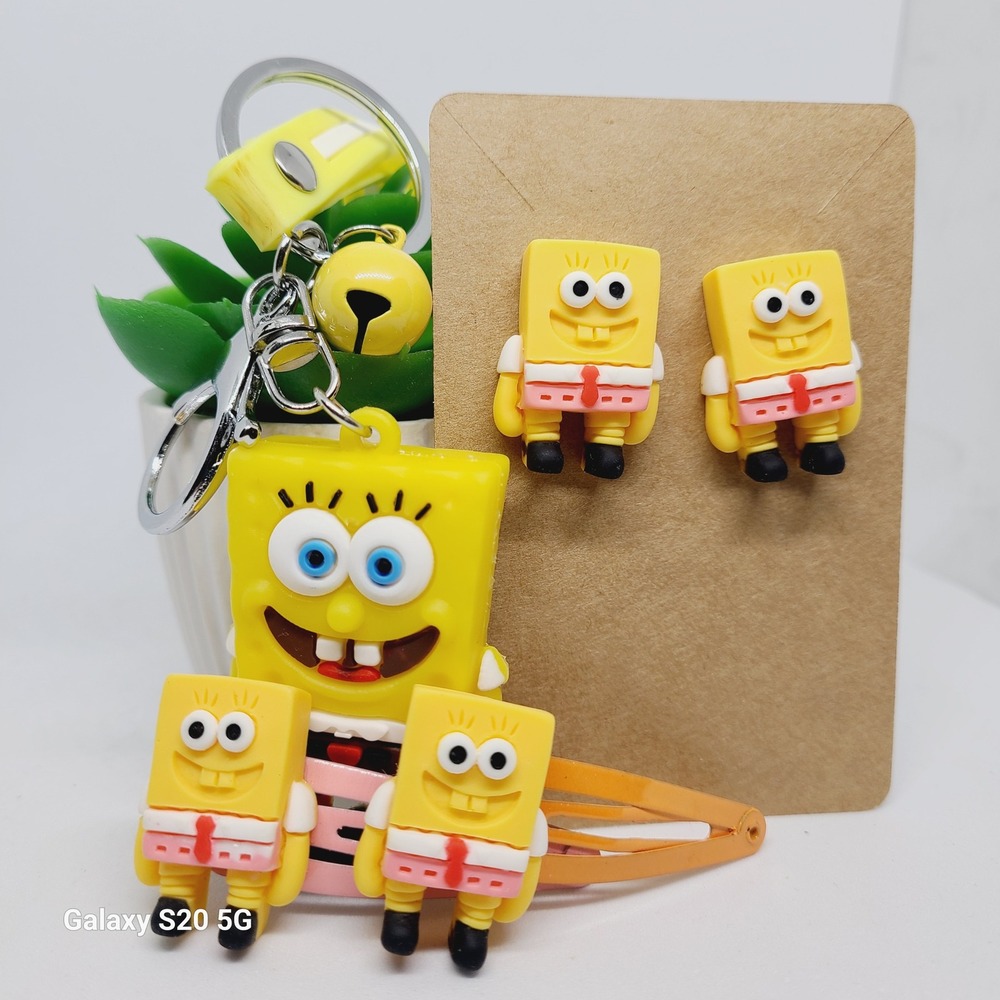 Spongebob Keychain Earrings‎ Hair Clip Bundle Cute Novelty Accessories